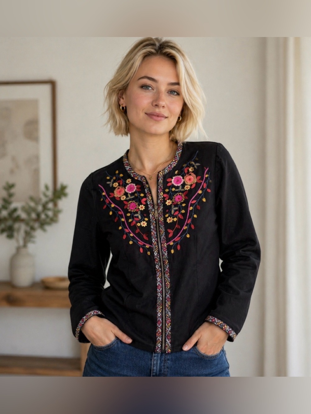 Coldwater Creek Embroidered Cotton Zip Up Jacket Blazer Festival Boho. Sz XL EUC